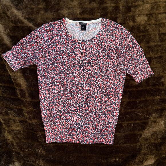 Ann Taylor M Black & Red Floral Print on White Short Sleeve Cardigan - Picture 1 of 6